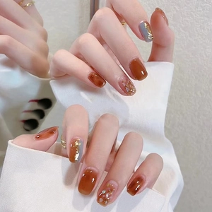 Press On Nails Short Square Round Caramel Amber Grey Blue Gradient Gold Foil Glitter Fashion Fake Nails For Women