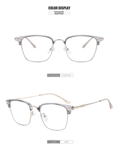 Detail view of transparent grey half-frame glasses with gold metal arms and nose pads