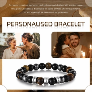 Customized obsidian and tiger eye bead bracelet with engraved stainless steel name tags