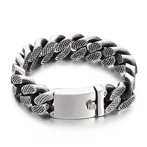 Men's Cuban Link Chain Bracelet 316L Stainless Steel Retro Punk Heavy Industrial Style Textured Grid Pattern Jewelry
