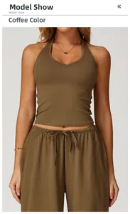 Close-up of the V-neck brushed yoga sports bra in coffee brown on a model torso