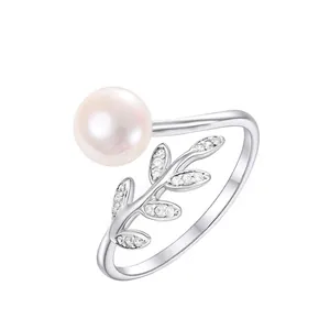 925 Sterling Silver Ring Willow Leaf Design With Natural Freshwater Pearl And Cubic Zirconia Adjustable Open Jewelry Women