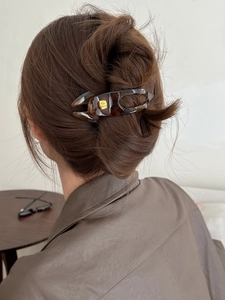 Macro detail of amber tortoiseshell hair clip with fashion engraving on gold metal