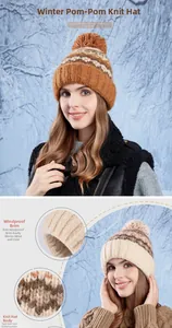 Detailed close-up of winter knit hat featuring windproof brim and fluffy faux fur pom-pom