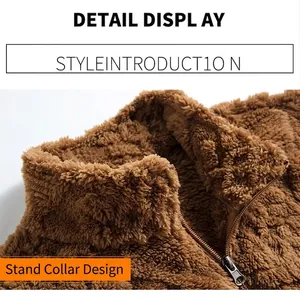 Brown fleece jacket for men featuring a stand collar design and zip-up front closure