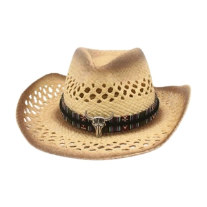 Hollow straw cowboy hat with ethnic band and metal skull bull ornament for sun protection