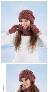 Three-piece winter knit set including a beanie, gloves, and scarf in a reddish-brown marl knit