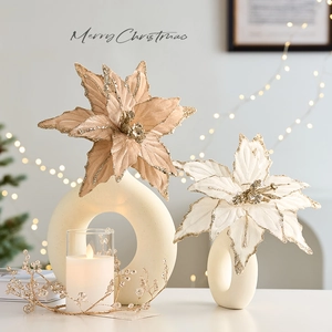 Sparkling velvet Christmas flowers in champagne and cream for tree decoration