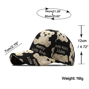 Black cotton baseball cap with bear embroidery and detailed product dimensions shown