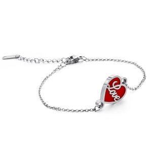 Silver stainless steel heart bracelet with red enamel Love charm and adjustable chain