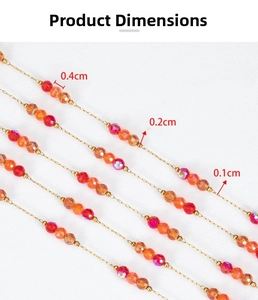 Detailed view of 18k gold plated chain with red crystal beads and size dimensions