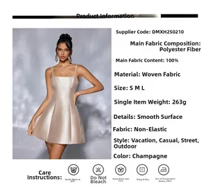 Detail view of champagne satin cocktail dress features thin straps and a-line silhouette