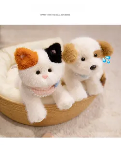 Detailed shot of plush calico cat and dog toys with plaid bibs in a cozy basket