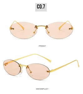 Front and 45 degree angle views of rimless oval sunglasses with orange lenses and gold frame