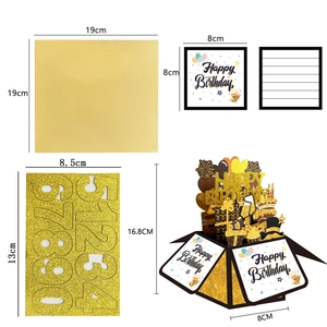 Detail set of 3D Happy Birthday pop-up card with golden envelope and stickers