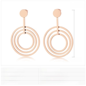Macro detail of triple-layer rose gold stainless steel earrings measuring 44x29mm
