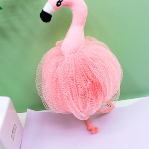 Cute pink flamingo bath sponge for kids made of soft plush material and fluffy mesh