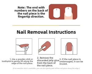 Three-step visual guide for safely removing press-on nails with wooden stick and glue