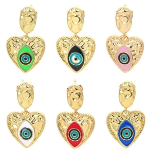 Evil Eye Heart Earrings Copper 18K Gold Plated Zircon Colorful Enamel Dainty Hammered Jewelry For Women