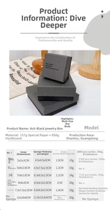 Detailed size comparison table for charcoal black jewelry boxes and gift bags