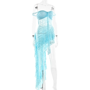 Close-up of light blue sheer lace fabric with ruffle details on backless tube dress