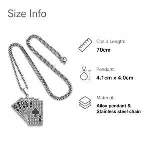 Detailed macro view of iced-out poker cards pendant with sparkling rhinestones on long chain