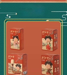 Detailed view of red Tang dynasty lady packaging boxes for desk ornaments or magnets