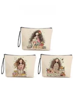 Detail view of printed canvas makeup bags featuring cute girl and floral illustrations