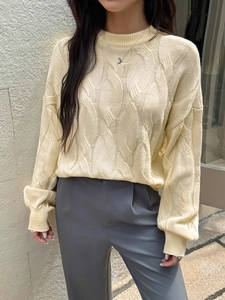 Close-up of beige knit sweater showing intricate cable knit patterns and round neckline