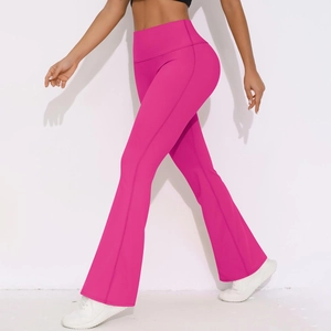 Detail of high-waist flared yoga leggings with slimming side seams in magenta pink