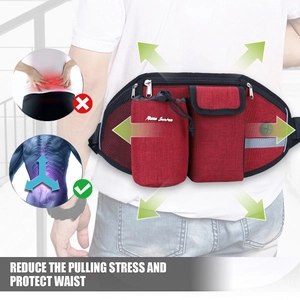 Running dog walking belt detail showing lumbar support design and reflective red pouch