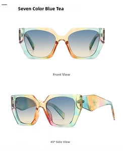 Detail of oversized geometric sunglasses with colorful tie-dye frames and gradient lenses
