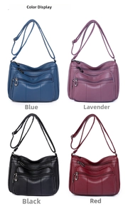 Detailed color display of multi-zipper leather crossbody bags in blue, purple, black, and red