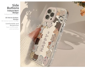 Close-up of clear phone case with colorful cartoon cat patterns and Happy text