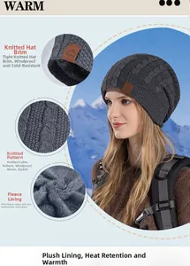 Detail of warm cable knit beanie with thick fleece lining and Sport leather patch