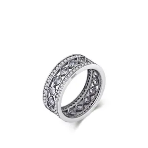 Vintage S925 sterling silver wide ring with hollow diamond patterns and white zircons