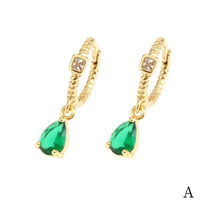 Luxurious 18K gold-plated hoop earrings with green teardrop zircon and square crystal