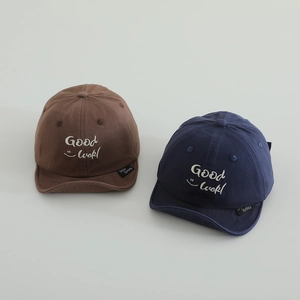 Cotton baby baseball caps with Good Luck embroidery and soft brims in brown and dark blue