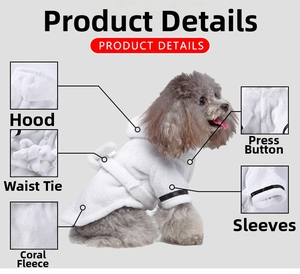 Detailed view of white coral fleece dog bathrobe with hood and tie belt features