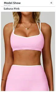 Detail of cherry blossom pink sports bra with white piping and criss-cross back design
