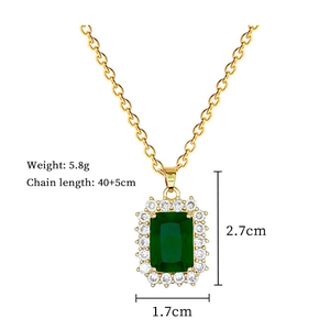 Detail of emerald green crystal necklace with gold chain and size measurements