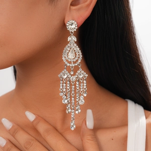 Detail shot of long silver tassel earrings with sparkling crystals worn by a model