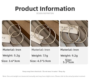 Three sizes of polished silver hoop earrings shown with measurements on display
