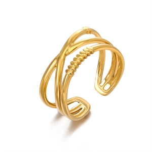 Bague ouverte multicouche croisée en acier inoxydable plaqué or 18 carats pour femme