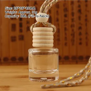 8ml cylindrical glass car perfume bottle with wooden cap and hanging cord for aromatherapy