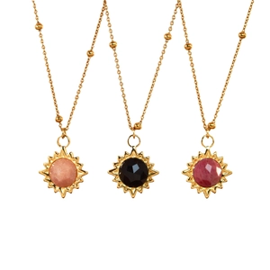 14K gold-plated sun pendant necklaces featuring faceted pink, black, and red natural stones