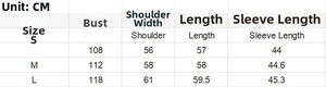 Detailed size chart for striped crewneck sweater including bust and sleeve measurements