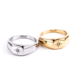 Bague Chevalière Étoile À Huit Branches Acier Inoxydable Poli Étoile Du Nord Zircon Minimaliste Pour Femmes Hommes