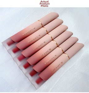 Close-up of velvet matte lip glaze set showing six gradient frosted tubes on white background
