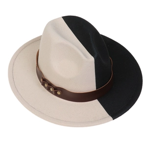 Top view of two-tone wool fedora hat in black and beige with studded leather band